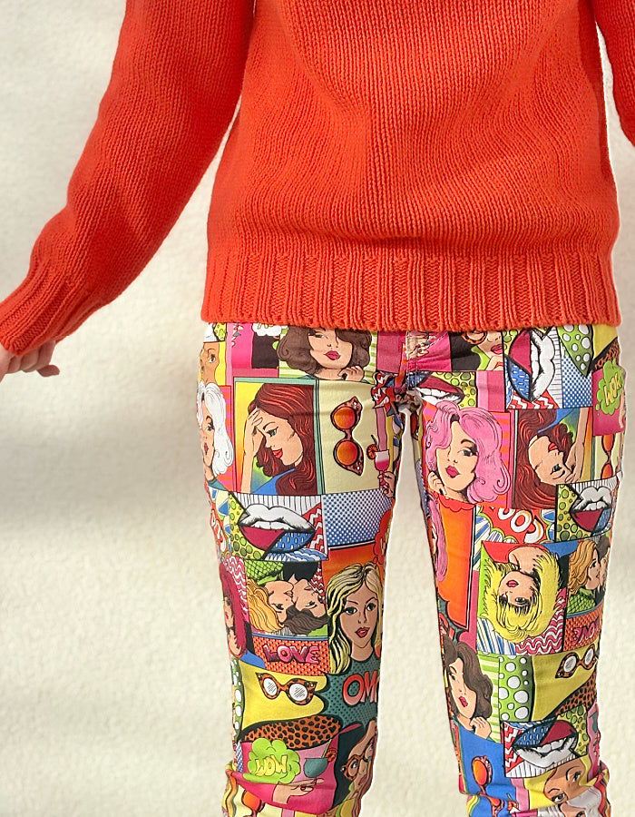 slim fit stretch jeans with pop art cartoon comic strip print