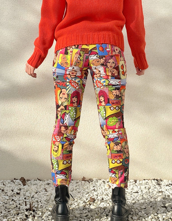 slim fit stretch jeans with pop art cartoon comic strip print