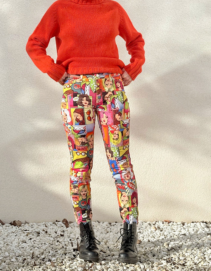 slim fit stretch jeans with pop art cartoon comic strip print