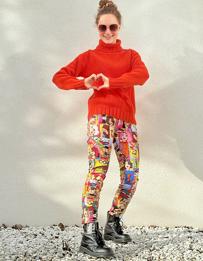 slim fit stretch jeans with pop art cartoon comic strip print