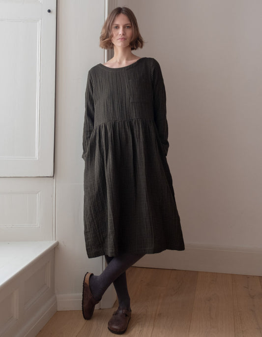 loose fit flared midi length dress with pockets in cotton olive mini check plaid design