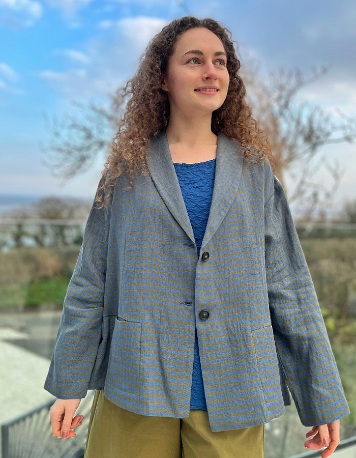 oversized linen blazer swing jacket in khaki and sky blue checks