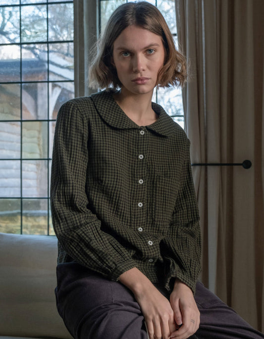 olive check cotton shirt with Peter Pan collar