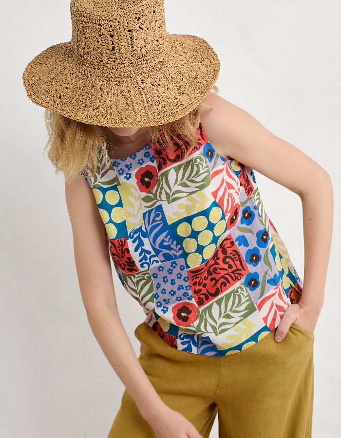 sleeveless linen summer top with colourful patchwork print