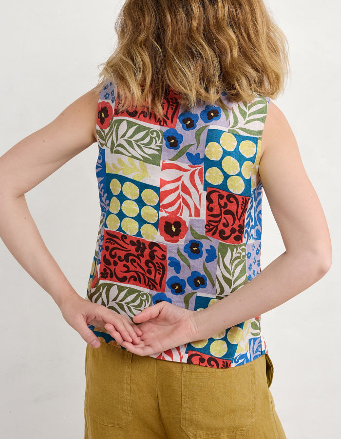 sleeveless linen summer top with colourful patchwork print