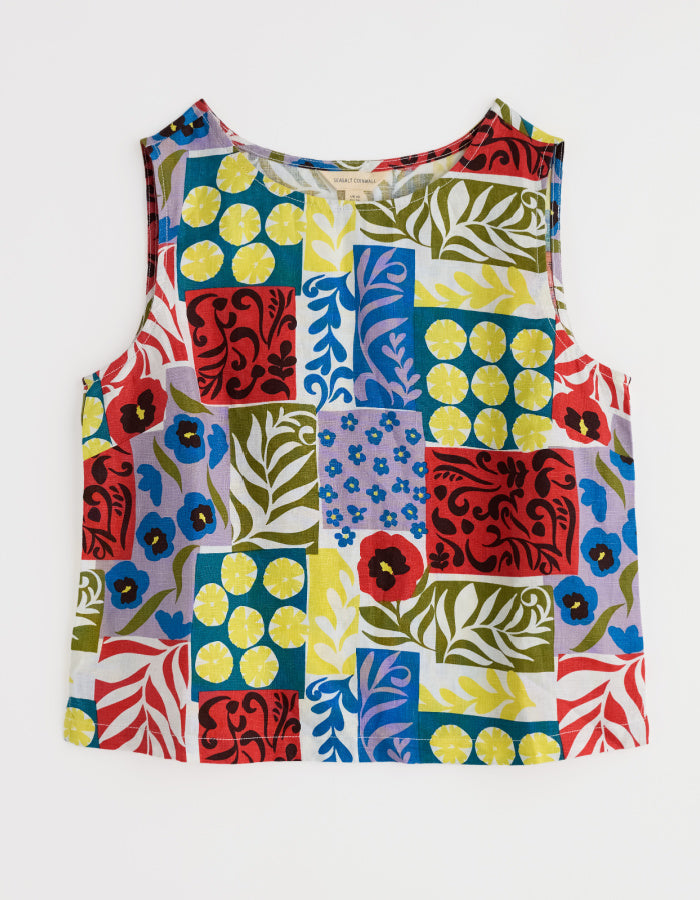 sleeveless linen summer top with colourful patchwork print