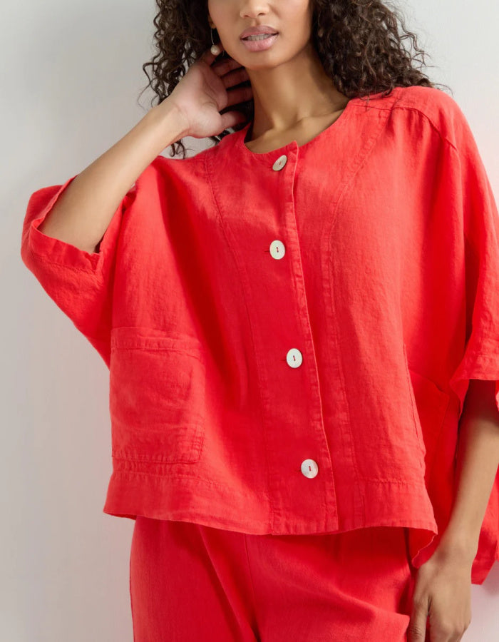 coral red linen oversized Jacket with scoop neckline and front patch pockets