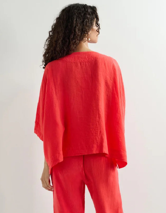 coral red linen oversized Jacket with scoop neckline and front patch pockets