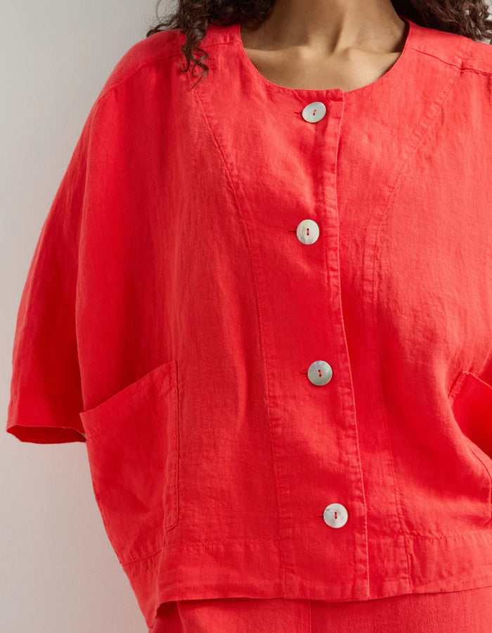 coral red linen oversized Jacket with scoop neckline and front patch pockets