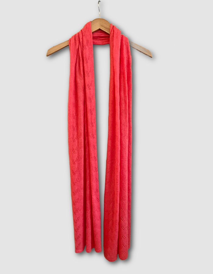 coral cashmere blend scarf or wrap with delicate lace stitch detail