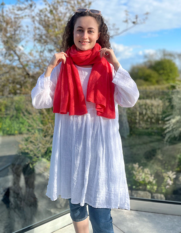 coral cashmere blend scarf or wrap with delicate lace stitch detail