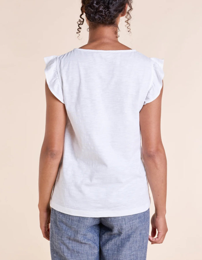 classic cotton white t shirt with frilled capped sleeves
