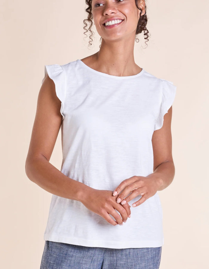 classic cotton white t shirt with frilled capped sleeves