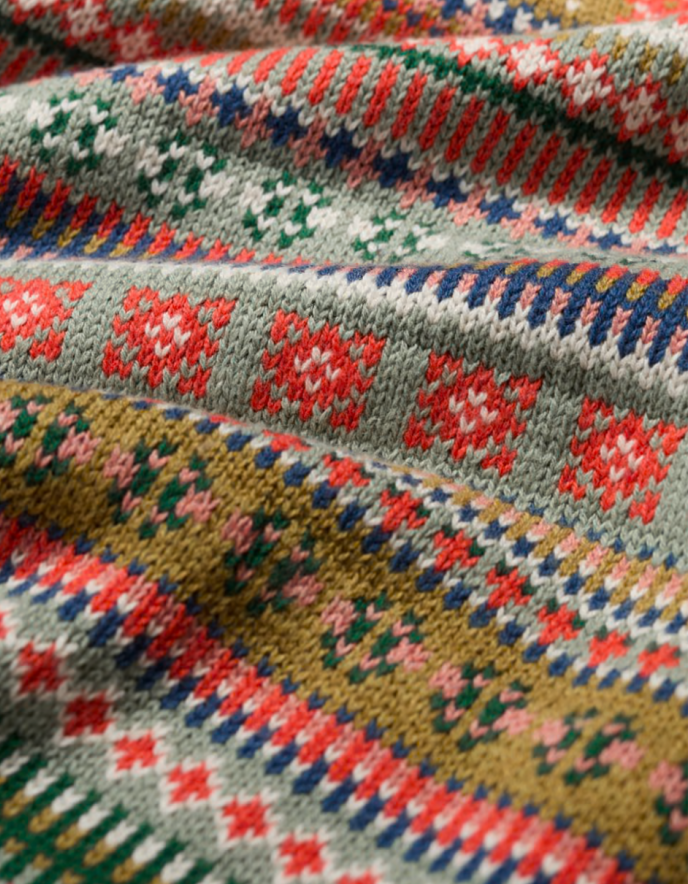 Close-up of a colourful fair Isle woven fabric with geometric patterns