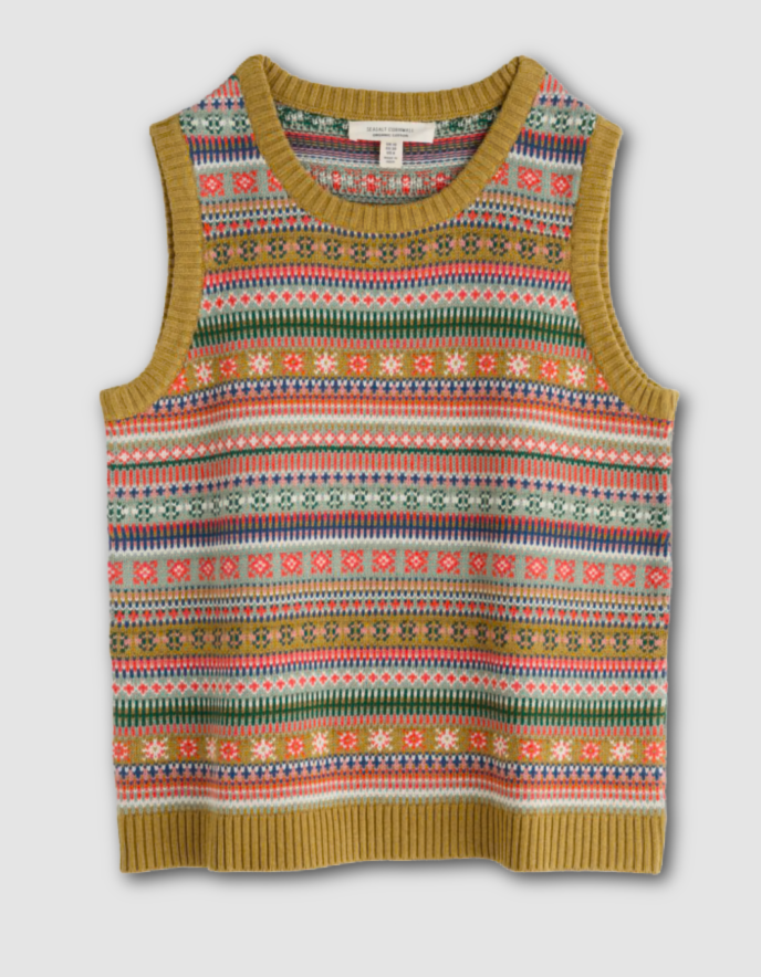 Colorful patterned sleeveless sweater vest on a light gray background