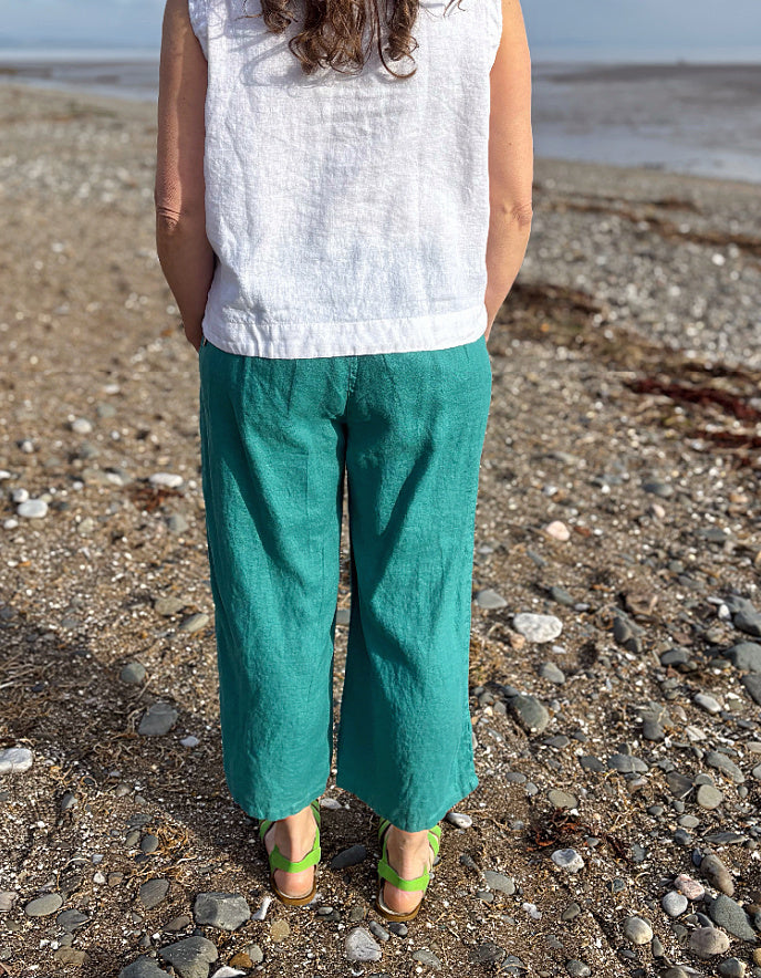 teal linen trousers