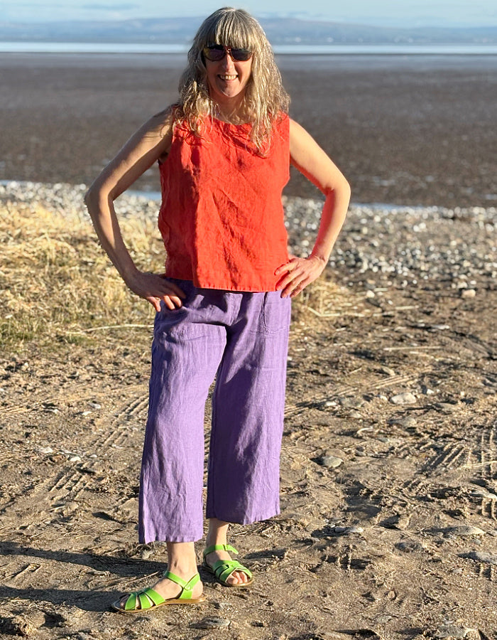 purple linen cropped summer trousers with high elasticated waist and pockets