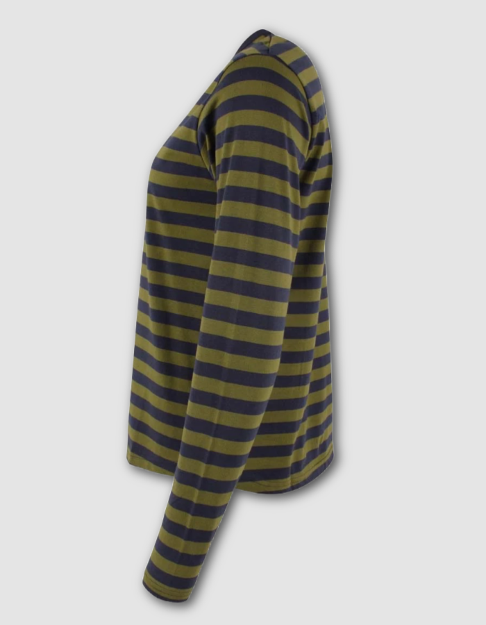 A long-sleeve striped knit top shown in side profile on a light gray background. The fabric features horizontal stripes in olive green and dark navy blue.
