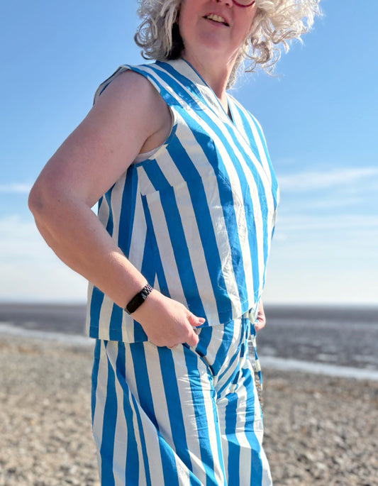 cotton sleeveless sun top with blue and white Cornish deckchair stripes