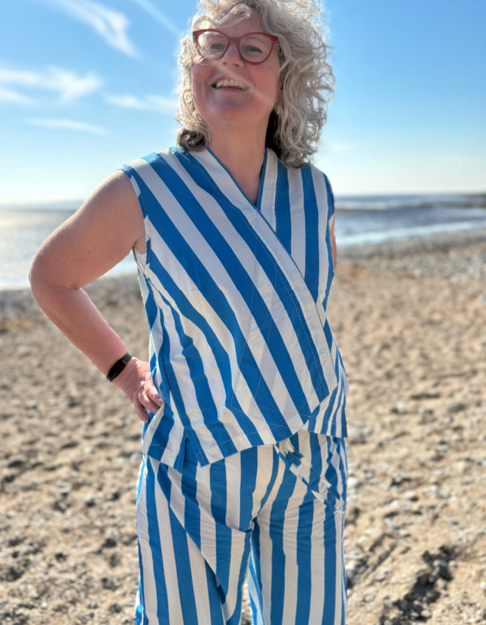 cotton sleeveless sun top with blue and white Cornish deckchair stripes