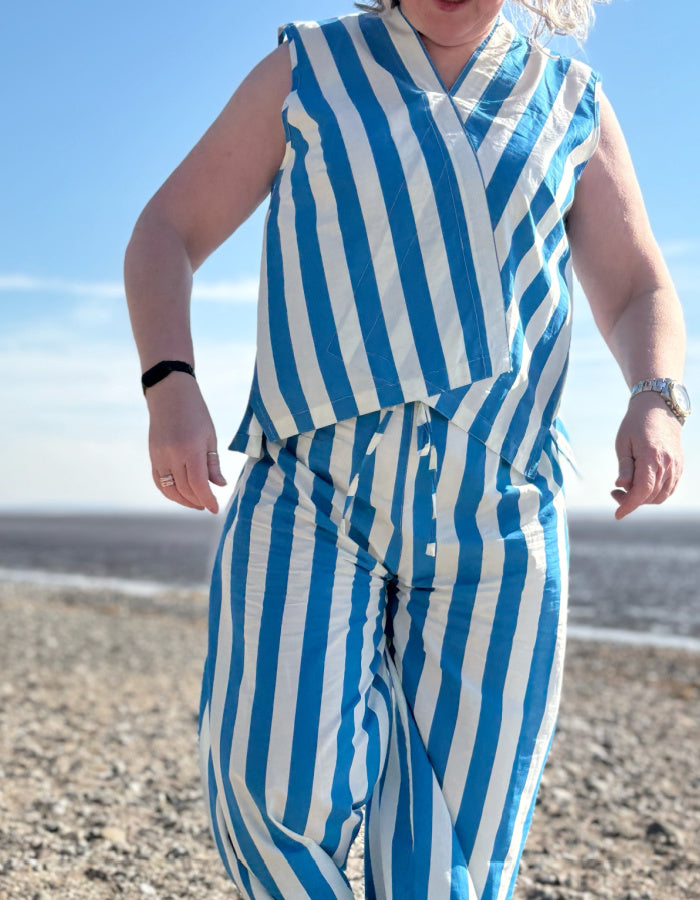 cotton sleeveless sun top with blue and white Cornish deckchair stripes