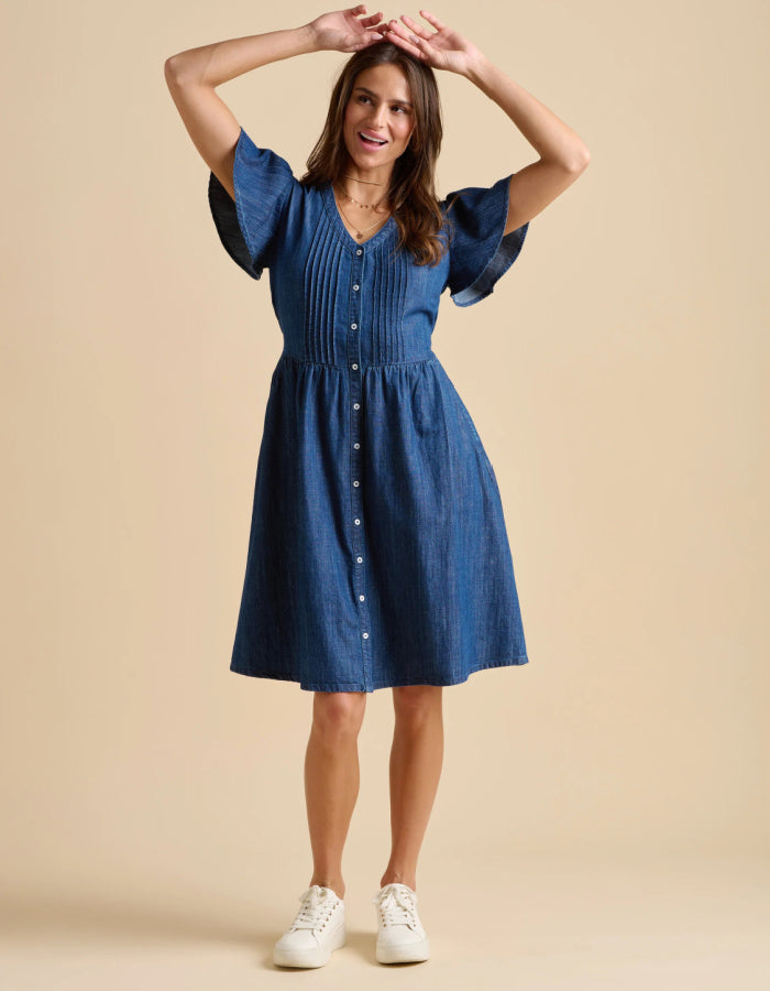 knee length denim dress with neckline, button through at the front and fluted sleeves, gathered waist. everyday dress