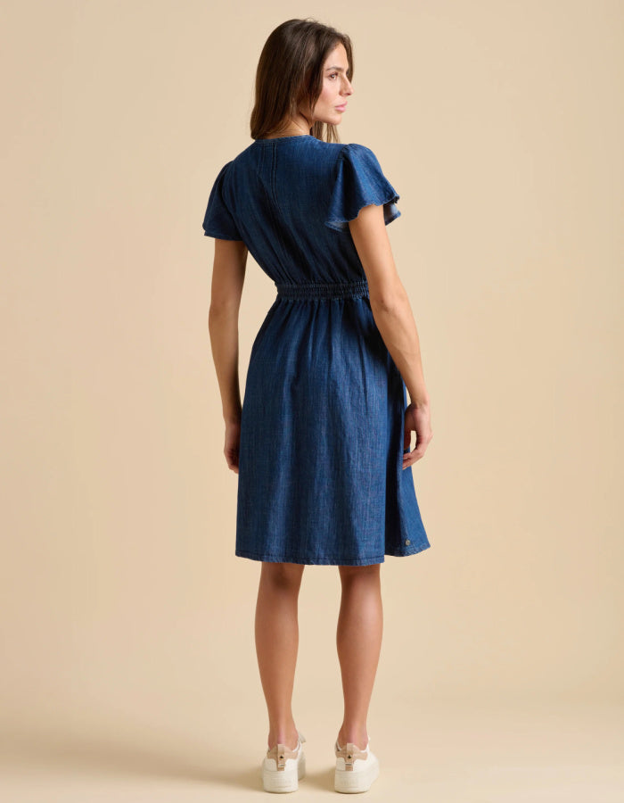 knee length denim dress with neckline, button through at the front and fluted sleeves, gathered waist. everyday dress