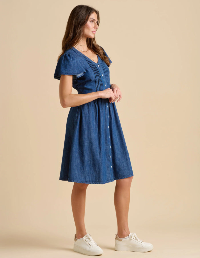 knee length denim dress with neckline, button through at the front and fluted sleeves, gathered waist. everyday dress