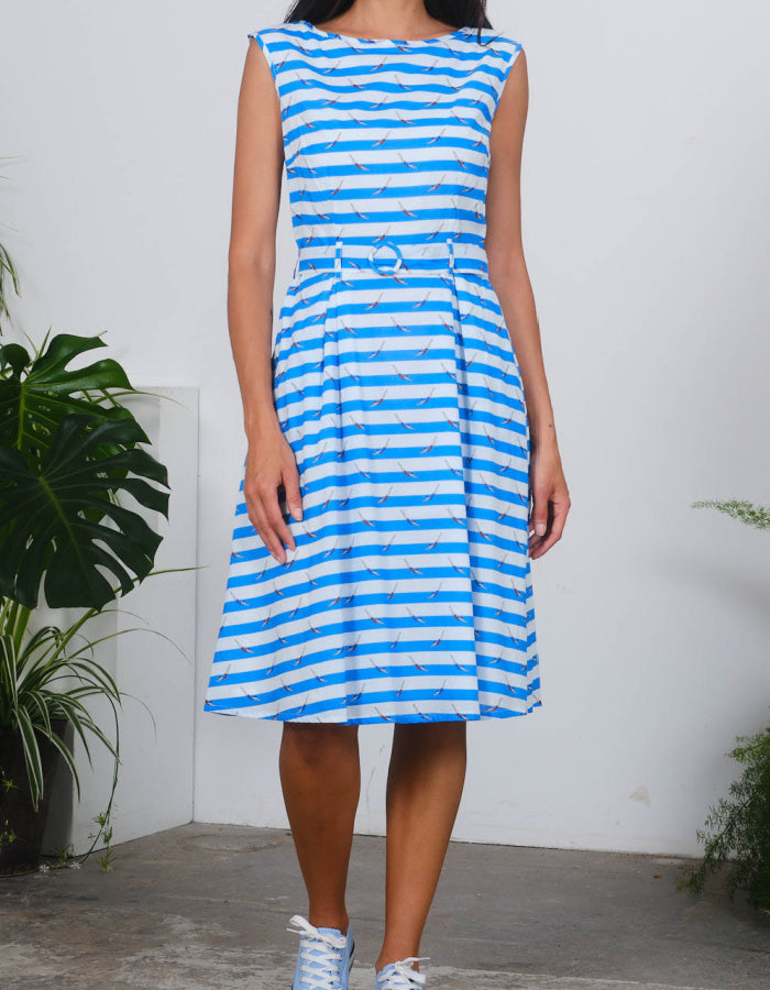 fit and flare sleeveless dress with blue and white striped with swimmers print, includes waist belt and pockets