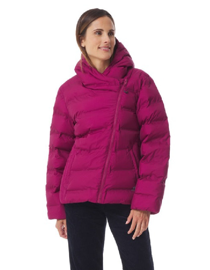 Woman wearing a bright pink puffer jacket on a white background