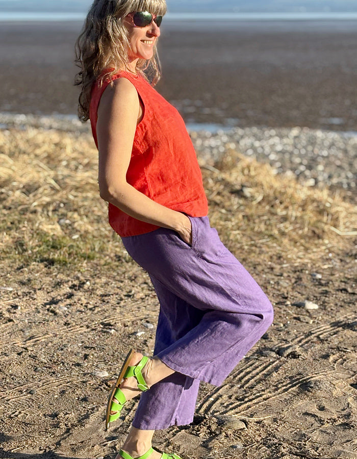 purple linen cropped summer trousers with high elasticated waist and pockets