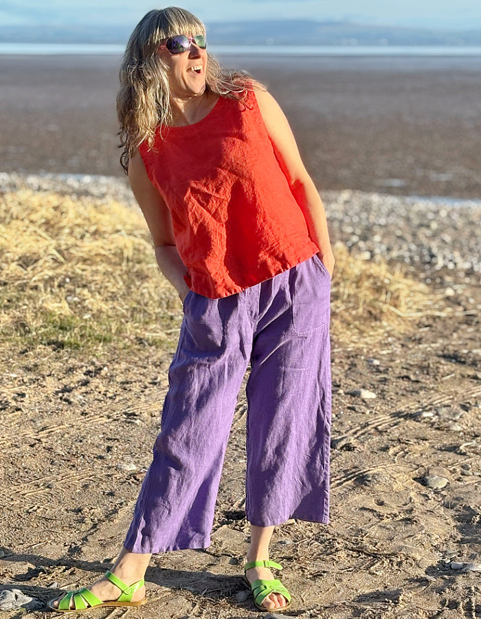 purple linen cropped summer trousers with high elasticated waist and pockets