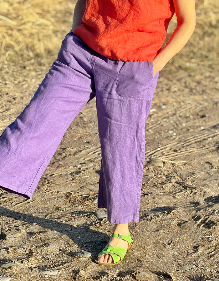 purple linen cropped summer trousers with high elasticated waist and pockets