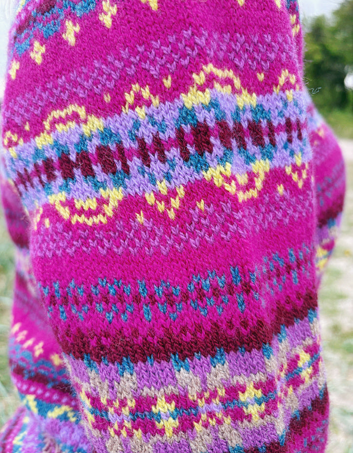 all over Fair Isle designed wool sweater in pink purple with crew neckline
