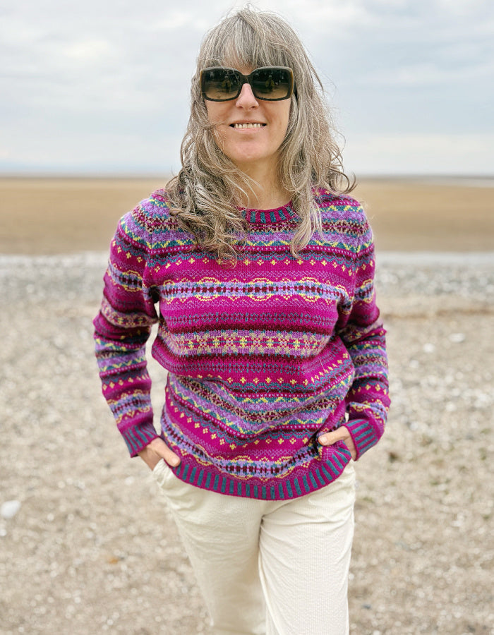 all over Fair Isle designed wool sweater in pink purple with crew neckline
