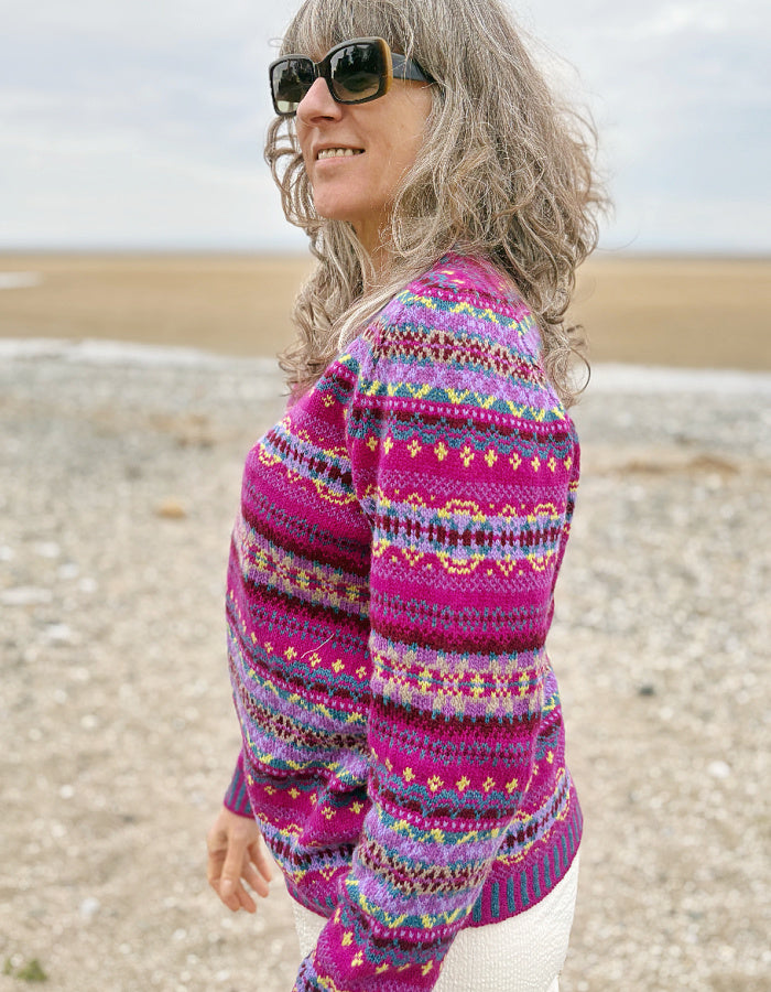 all over Fair Isle designed wool sweater in pink purple with crew neckline