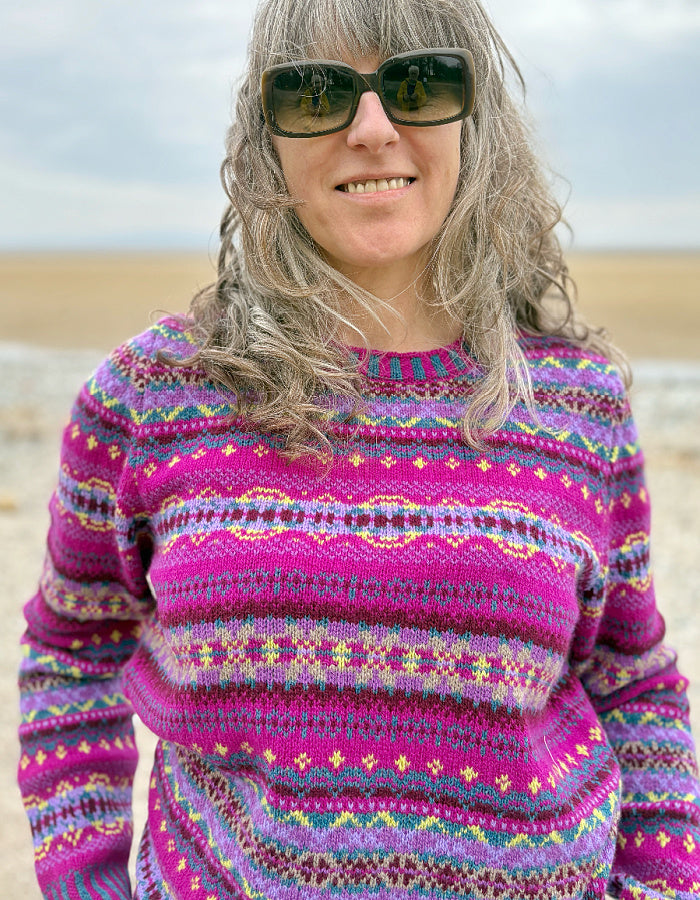 all over Fair Isle designed wool sweater in pink purple with crew neckline