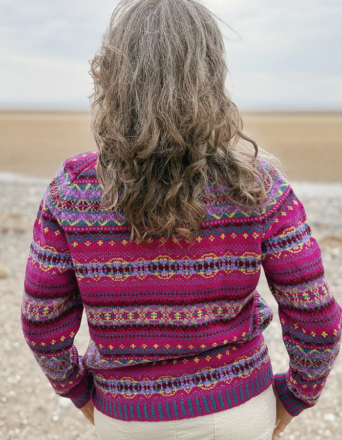 all over Fair Isle designed wool sweater in pink purple with crew neckline