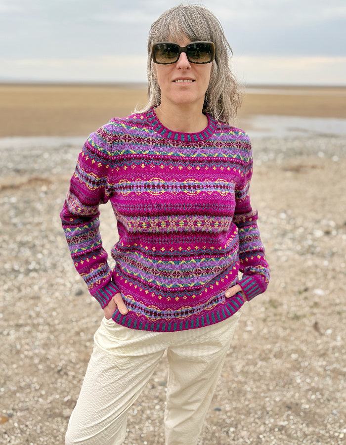 all over Fair Isle designed wool sweater in pink purple with crew neckline