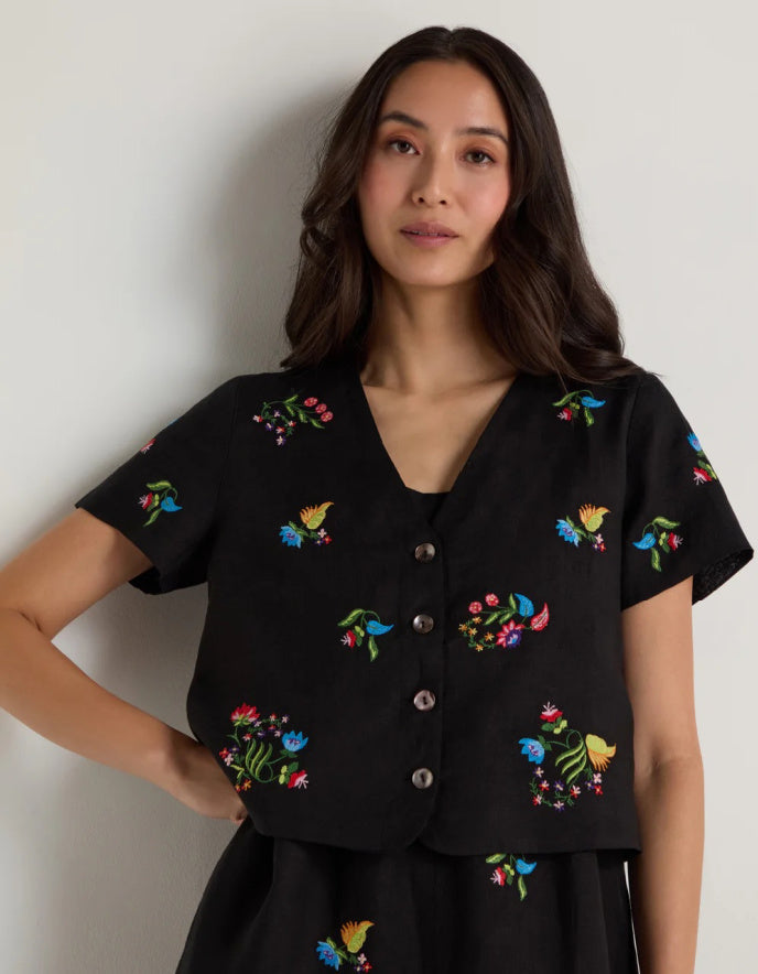 black linen cropped jacket with floral embroidery