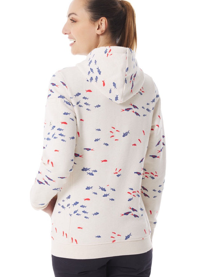 ecru cotton hooded sweatshirt with red and Blue fit print