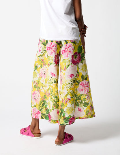 widely linen culottes with elasticated was it in pink and yellow formal print