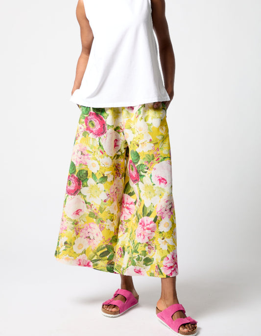 widely linen culottes with elasticated was it in pink and yellow formal print