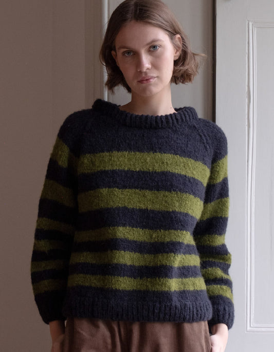 green and navy chunky mohair hand knit sweater