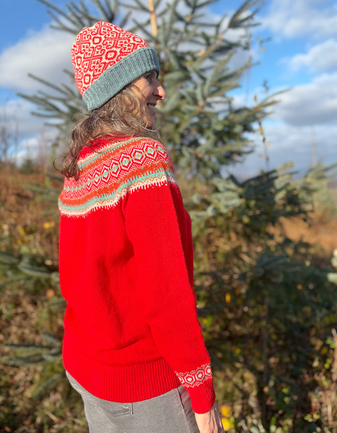 Person wearing a red wool sweater with a patterned fair isle design and a knit hat, standing outdoors.