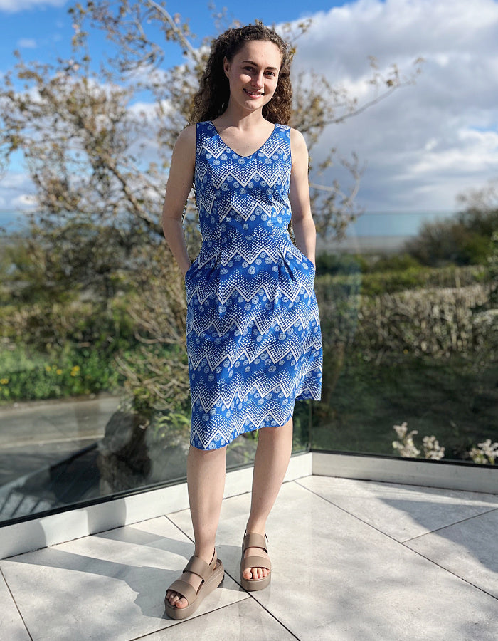 blue and white geo print sleeveless cotton dress
