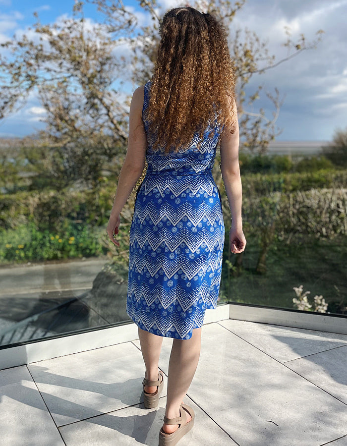 blue and white geo print sleeveless cotton dress