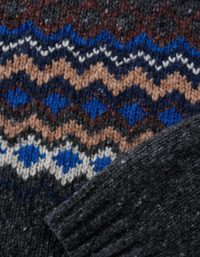 Close-up of a knitted fabric with a pattern featuring blue, brown, and white colors.