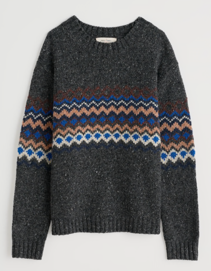 Gray sweater with a colorful pattern on a light gray background