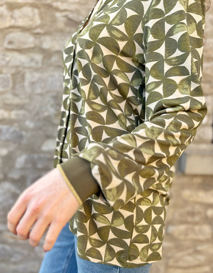 jersey tunic top with v neckline and elasticated cuffs, graphic print in sand and olive green